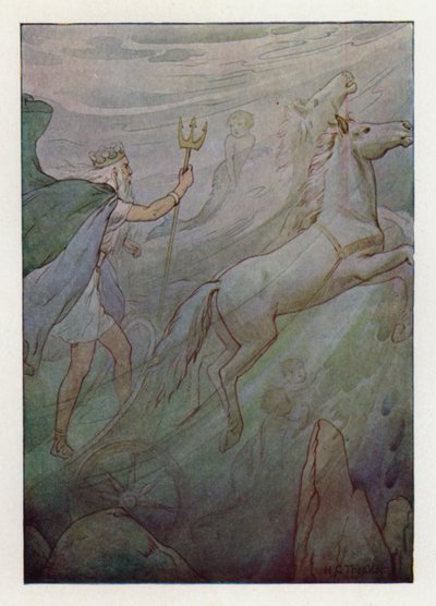 The Sea King in his sparkling chariot, pulled by green horses by Harry George Theaker