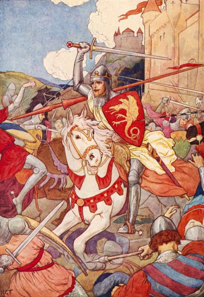 The strange Knight with sword flashing by Harry George Theaker