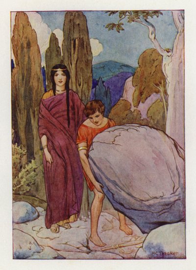 Theseus raising the big rock, under which lay the sword and sandals by Harry George Theaker