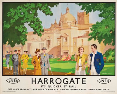 Harrogate, its Quicker by Train, poster advertising rail journeys by Harry Tittensor