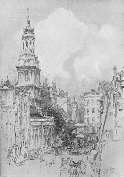 St Magnus the Martyr showing the dry arch of London Bridge and the remains of the Mermaid Tavern by Hedley Fitton