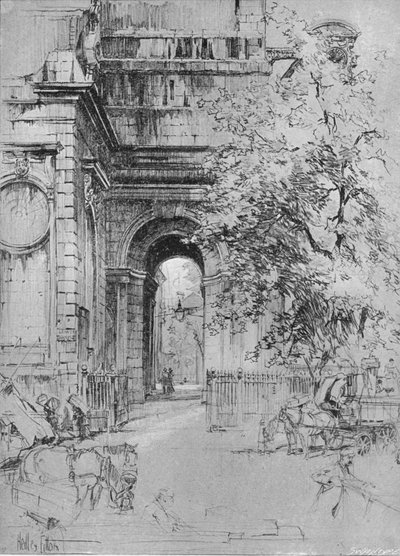 The old entrance to London Bridge under the tower of St. Magnus by Hedley Fitton