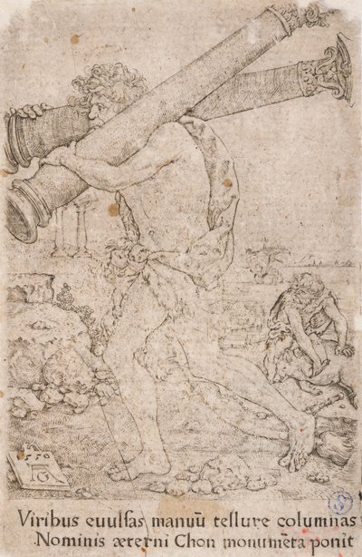 Hercules Carrying the Columns of Gades, from the Series: The Labours of Hercules (12) by Heinrich Aldegrever