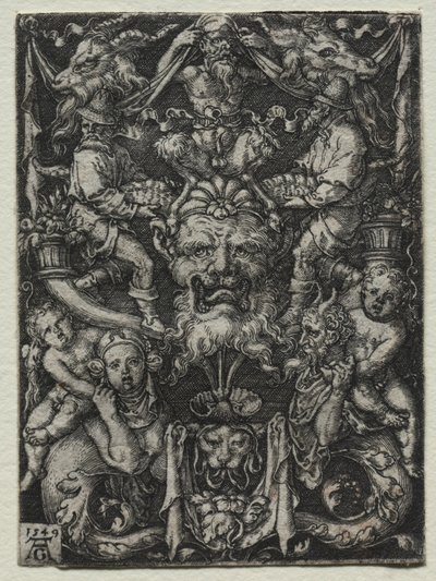 Ornament Design with a Mask, A Couple of Tritons, and Two Children Below by Heinrich Aldegrever