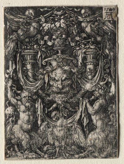 Ornament Design with a Mask and an Eagle Between Two Fauns Below by Heinrich Aldegrever