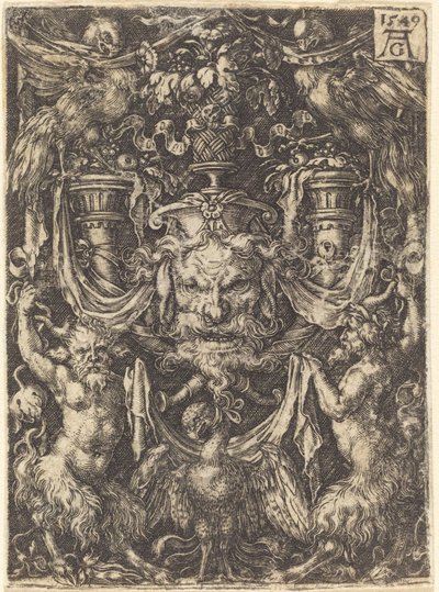 Ornament with Mask, Eagle between Satyrs Below by Heinrich Aldegrever