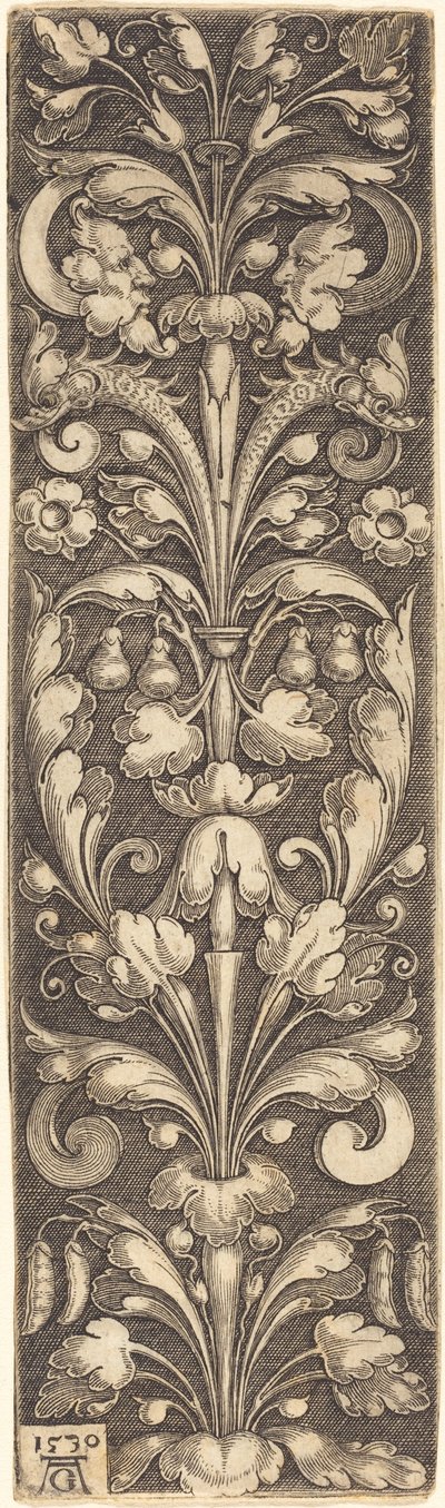 Sprig of Ornamental Foliage with Two Masks and Two Dolphins by Heinrich Aldegrever