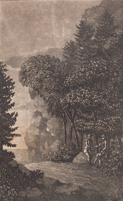 Landscape with Cliffs and Large Trees, Two Men on the Right by Heinrich Grosch