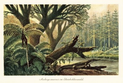 Archegosaurus Decheni by a River in a Primordial Jungle by Heinrich Harder