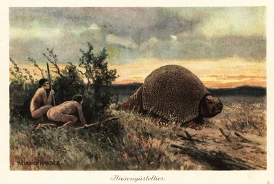Primitive Men with Spears Hunting a Glyptodon by Heinrich Harder
