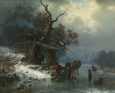 Winter landscape with figures on a frozen river by Heinrich Hofer