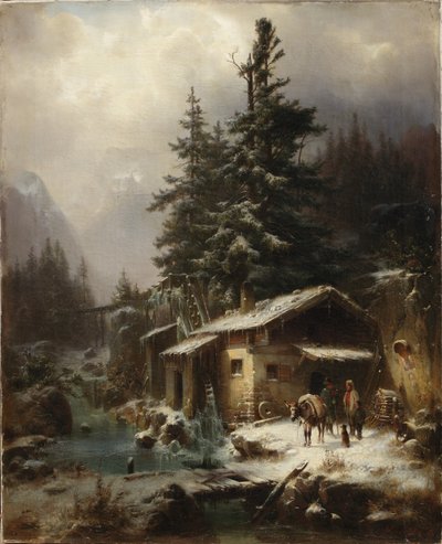 Winter Landscape with Figures Resting Near a Water Mill by Heinrich Hofer