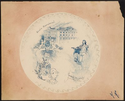 Plate with Stockholm Motif, Old Opera House against Pink Background by Helmer Osslund