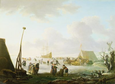 An Extensive Landscape with Sleighs and Skaters with a Ship Locked in the Ice by Hendrick (manner of) Avercamp