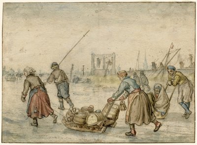 Winter Landscape with Two Women and a Sledge and Other Figures on the Ice, a Gallows in the Distance by Hendrick Avercamp
