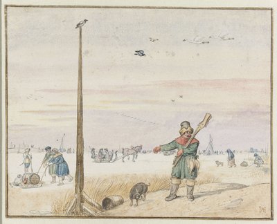 Winter Landscape with a Duck Hunter with Game in his Belt and his Gun over his Shoulder on the Bank of a Frozen River by Hendrick Avercamp