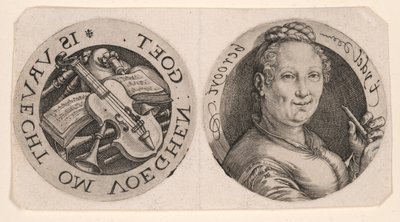 Bust of a Woman holding a Flute, and Musical Instruments, on one sheet by Hendrick Goltzius