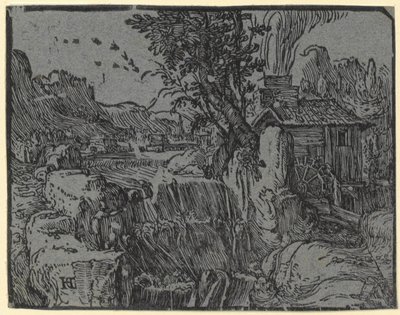 Landscape with Waterfall and Mill, Plate 1 from the Series "Four Small Landscapes" by Hendrick Goltzius