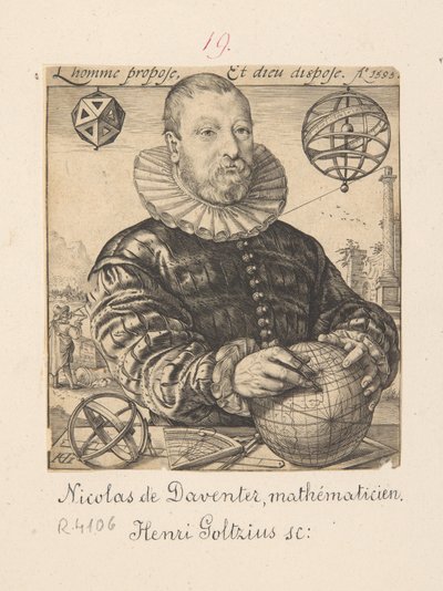 Portrait of Nicolaus Petri Daventriensis, actually Claes Pietersz van Deventer, c. 1540-1602 - mathematician and astronomer by Hendrick Goltzius