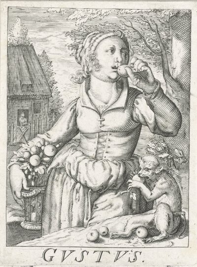 Taste (Gustus), a Woman with Fruits (series title) by Hendrick Hondius (rejected attribution)