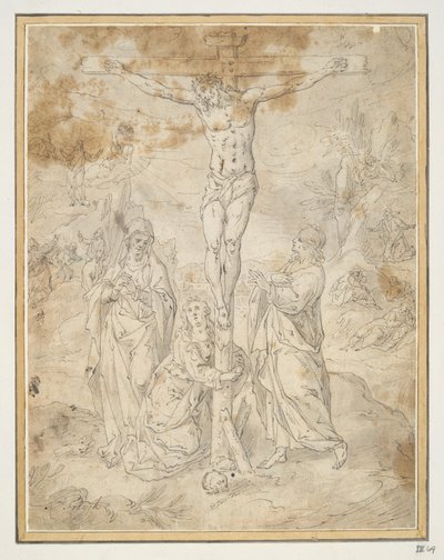 Christ on the Cross between the Virgin and St. John with Scenes of the Passion in the Background by Hendrick de Clerck