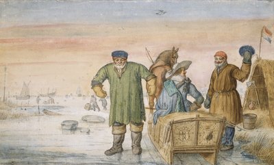Two Old Men beside a Sled Bearing the Coats of Arms of Amsterdam and Utrecht by Hendrik Avercamp