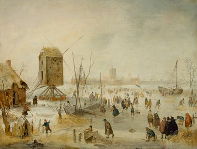 Winter Landscape with Skaters on a River by a Windmill by Hendrik Avercamp
