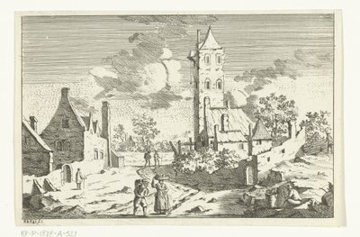 Village Scene with Houses and Tower on Sandy Road with Figures by Hendrik Berg