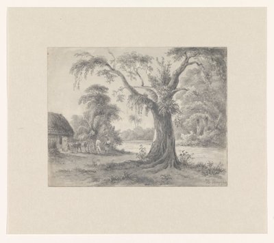 Landscape with a Tree and Hut with Horse and Wagon and Two Figures by Hendrik Huygens (signed by artist)
