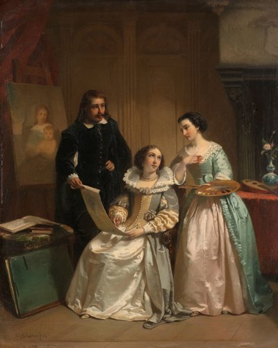 Gerard van Honthorst Showing the Drawings of his Pupil Louise of Bohemia to Amalia van Solms by Hendrik Jacobus Scholten