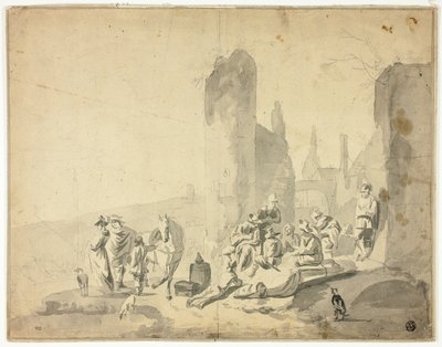 Harborside Scene with Various Figures by Hendrik Verschuring