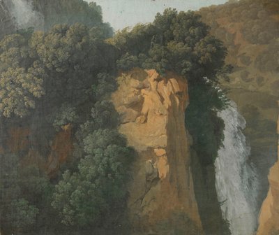 Overgrown Cliffs with a Waterfall in Italy, perhaps at Tivoli by Hendrik Voogd (attributed to)