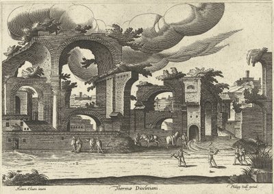 Ruins of the Baths of Diocletian with two men playing croquet in the foreground, 1585 by Hendrik van Cleve III