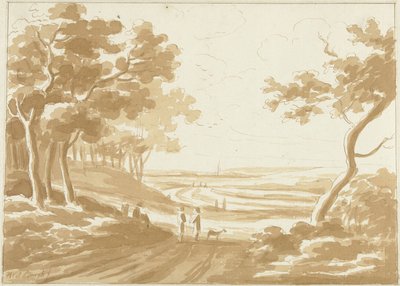 Landscape with a path on which people walk by Hendrik van der Burgh