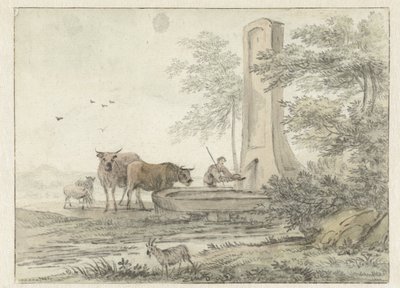 Italianate Landscape with Herder and His Cattle and Sheep at a Fountain by Hendrik van der Straaten
