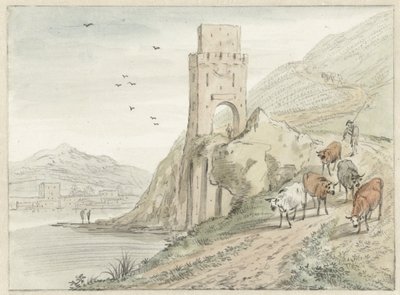 Italianate River Landscape with Mountains and a Gate Tower by Hendrik van der Straaten