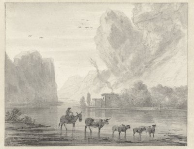 Rocky River Landscape with a Herder with his Cattle and Sheep by Hendrik van der Straaten