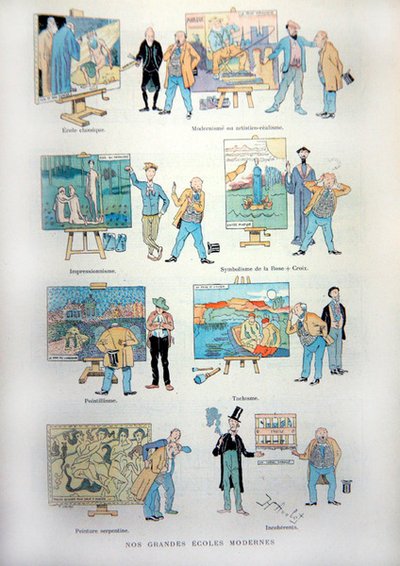 Cartoon making fun of the various schools of modern art and painting at the end of the 19th century, from 