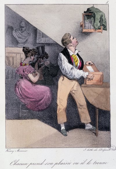 Man Who Breeds Birds While His Wife Cheats on Him: “Everyone Takes His Pleasure or He Finds Him” - in “Les pastemps” by Henry Monnier, ed. Delpech, Paris, v.1830 by Henri Bonaventure Monnier