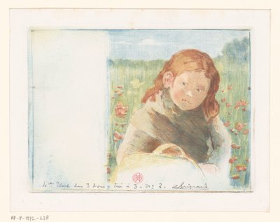 Girl with Basket in a Flower Meadow by Henri Charles Guérard (signed by artist)