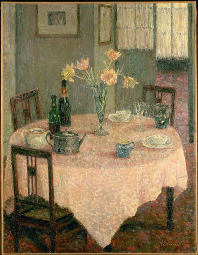 Interior with Pink Tablecloth by Henri Eugene Augustin Le Sidaner