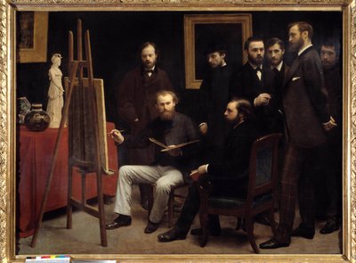 A workshop at the Batignolles with Otto Scholderer, Edouard Manet, Pierre Auguste Renoir, Zacharie Astruc, Emile Zola, Edmond Maitre, Frederic Bazille by Ignace Henri Jean Fantin Latour
