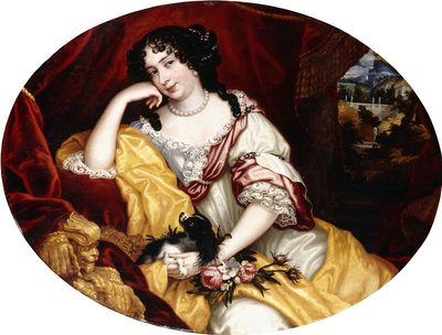 Portrait of a Lady, Seated Three-Quarter Length, with Her Dog before an Open Window, an Italianate Landscape Beyond by Henri Gascar