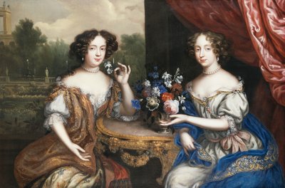 A Double Portrait of Lady Maria Somalia and Lady Anne Barrington, seated three-quarter length by a table with a vase of flowers by Henri Gascard