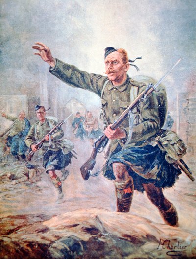 Scots Highlander wearing a kilt in battle on the Western Front by Henri Georges Jacques (after) Chartier