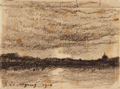 Sunset Landscape with a View over Water towards a City by Henri Joseph Harpignies