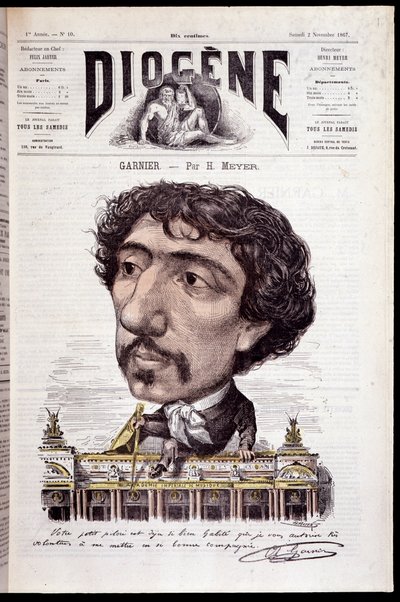 Cartoon of Charles Garnier, sitting on his work, the Opera Garnier - in 