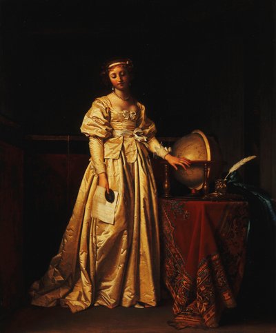 A Lady in an Interior, in a Yellow Satin Dress, with a Globe on a Table Beside her, Mourning the Absence of her Husband by Henri Nicolas van Gorp