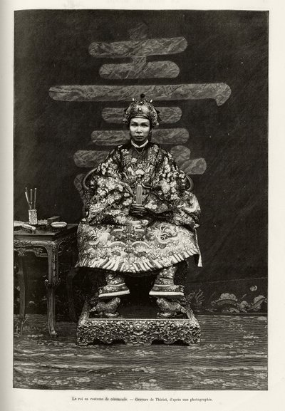 Portrait of King Dong Khanh, Emperor of Annam, in ceremonial costume (engraving by Thiriat, to illustrate the story 