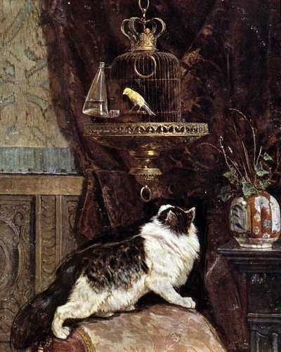 Cat Spying on a Bird in a Cage by Henriëtte Ronner Knip